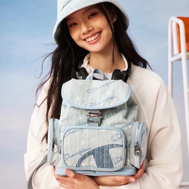 Champion Fabric, Synthetic Leather Backpack Women's Light Blue Denim/Dark Blue Denim-4