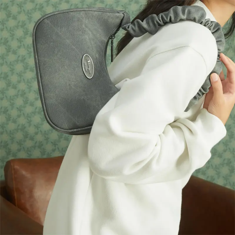 Champion Synthetic Leather Shoulder Bag Small Size Unisex Gray/Ink Blue/Ecru/Blue-12