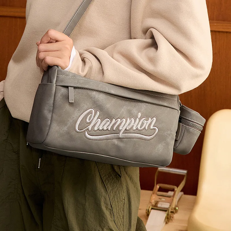 Champion Fabric+Artificial Leather Crossbody Bag Medium Size Unisex Smoke Gray/Champion Blue/Latte Brown/Black-15