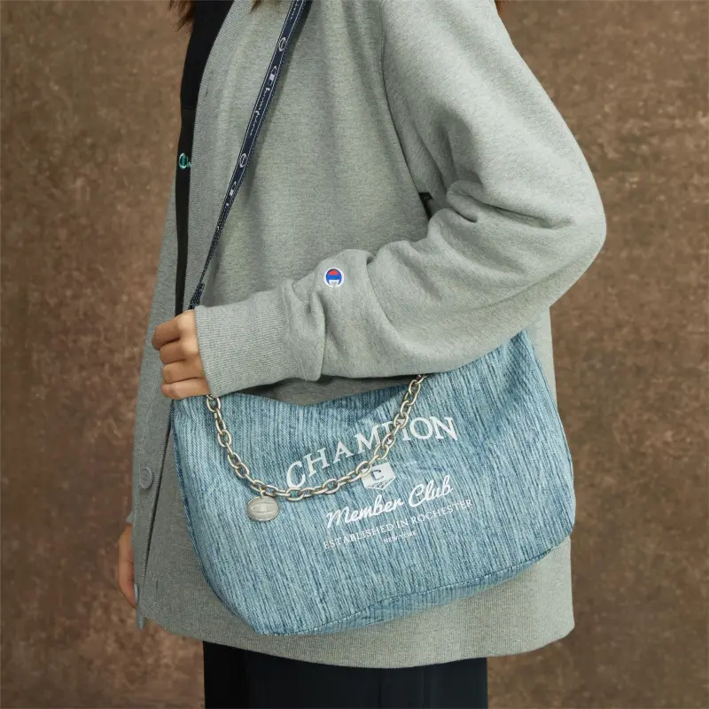 Champion Fabric Shoulder Bag Small Size Unisex Light Blue/Dark Gray/Ecru/Black-3
