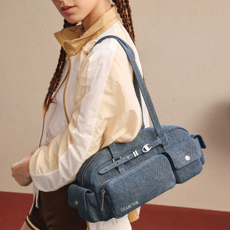 Champion Artificial Leather Shoulder Bag Women's Medium Blue Denim/Silver White/Black-5