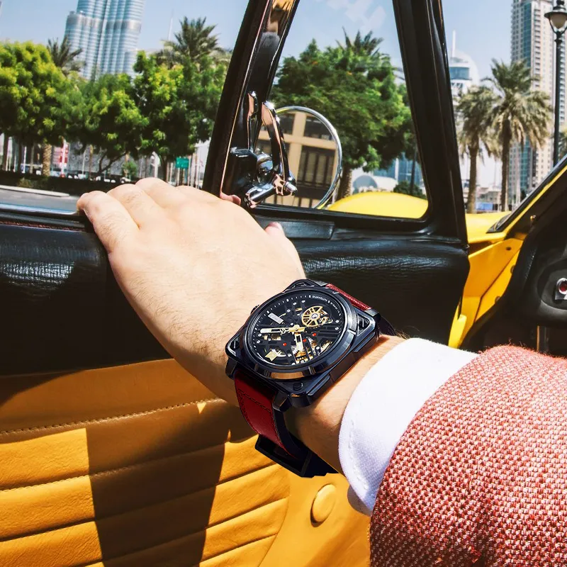 GEYA G MAX Engine Collection Automatic Mechanical Movement Genuine Leather Strap Watch Men's Watches Cut Out Dial-2
