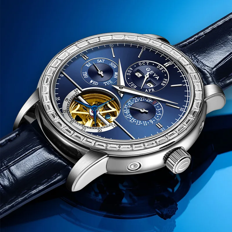 GEYA Conductor Mechanical Movement Cow Leather Strap Watch Men's Watches Blue Dial-3