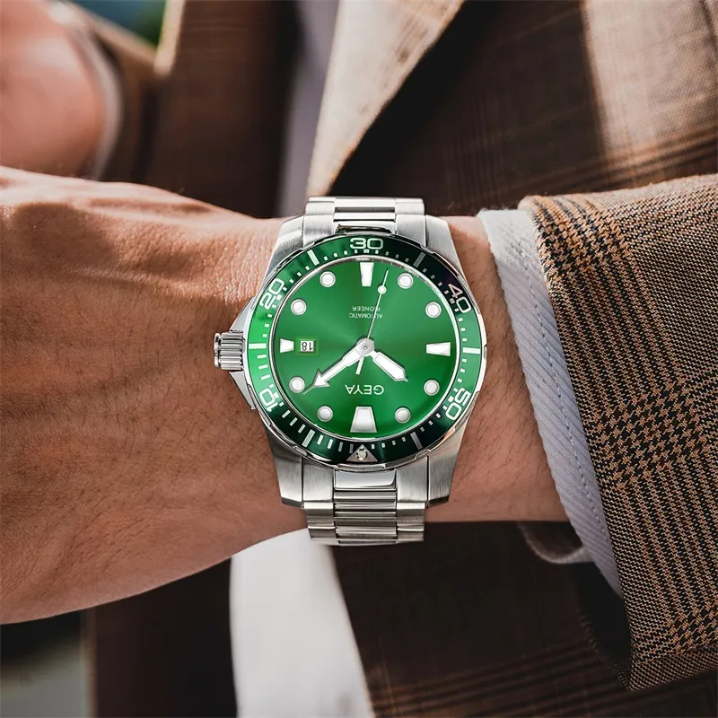 GEYA Ocean Star Automatic Mechanical Movement Stainless Steel Watchband Watch Men's Watches Green Dial-6