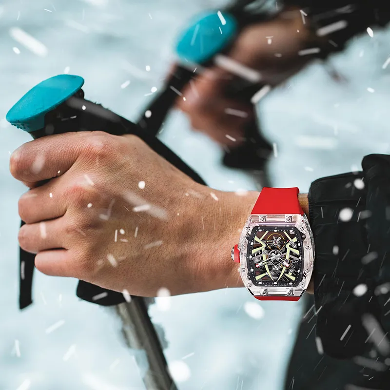 GEYA Mount Everest Glacier Collection Automatic Mechanical Movement Silicone Strap Watch Men's Watches Cut Out Dial-5
