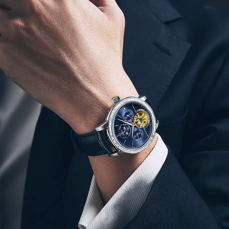 GEYA Conductor Mechanical Movement Cow Leather Strap Watch Men's Watches Blue Dial-1