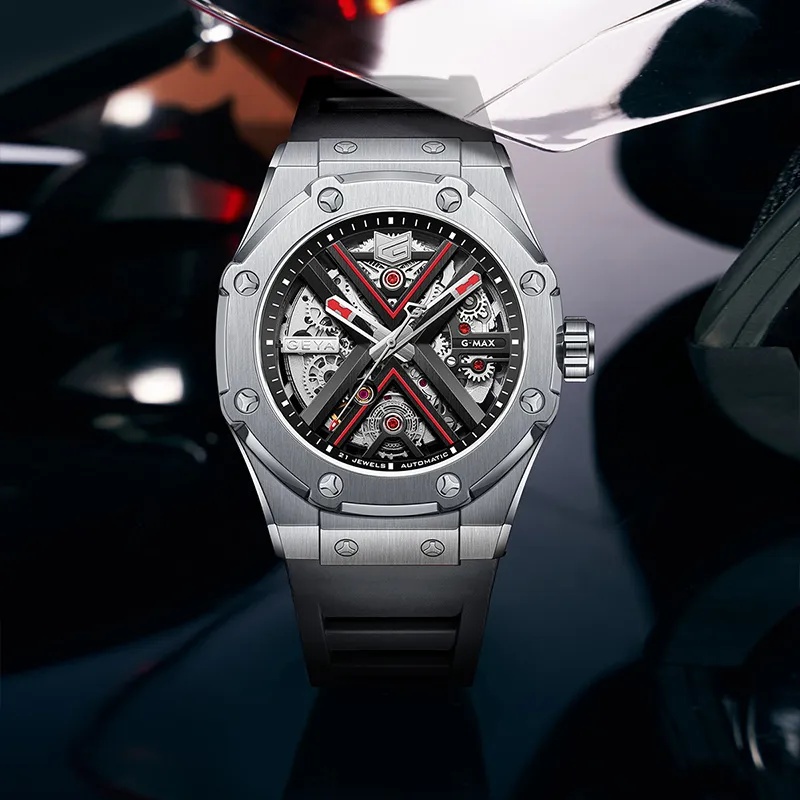 GEYA Engine Collection G MAX Collection Automatic Mechanical Movement Silicone Strap Watch Men's Watches Cut Out Dial-1