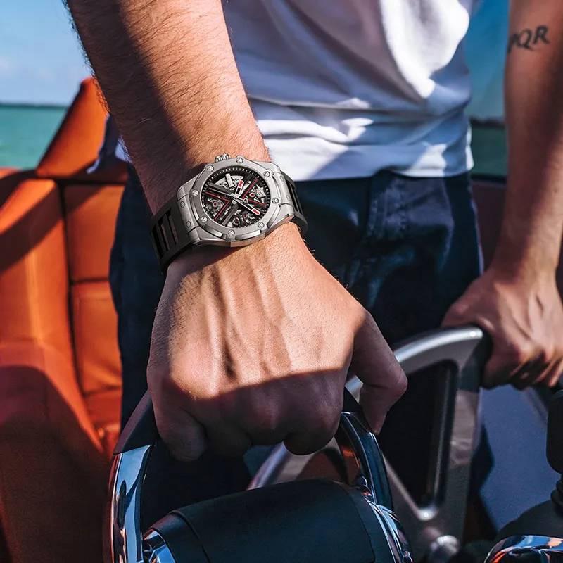 GEYA Engine Collection G MAX Collection Automatic Mechanical Movement Silicone Strap Watch Men's Watches Cut Out Dial-2