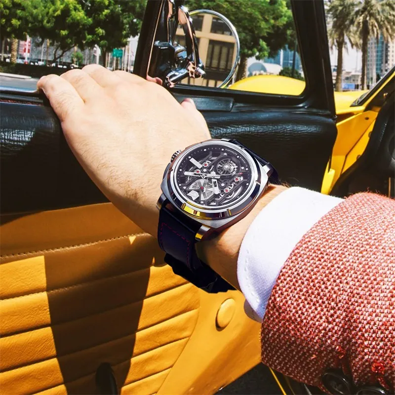 GEYA G MAX Dynamic Racing Collection Mechanical Movement Genuine Leather Strap Watch Men's Watches Cut Out Dial-3
