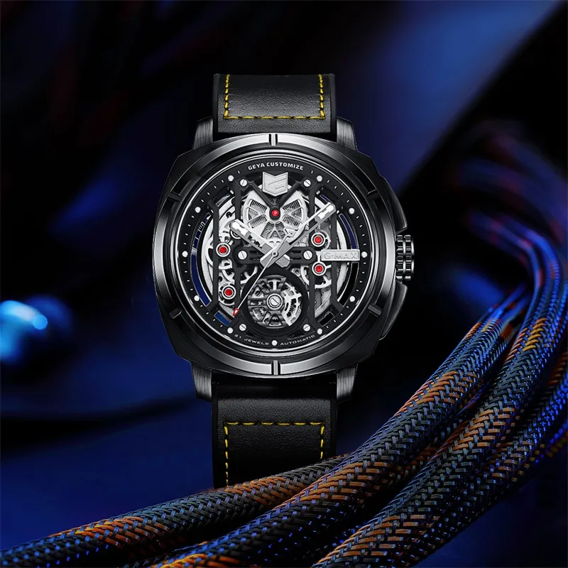 GEYA G MAX Dynamic Racing Collection Mechanical Movement Genuine Leather Strap Watch Men's Watches Cut Out Dial-5