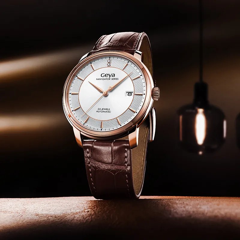 GEYA Mechanical Movement Genuine Leather Strap Watch Men's Watches White Dial-1