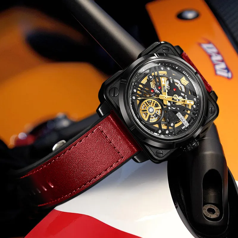 GEYA G MAX Engine Collection Automatic Mechanical Movement Genuine Leather Strap Watch Men's Watches Cut Out Dial-7