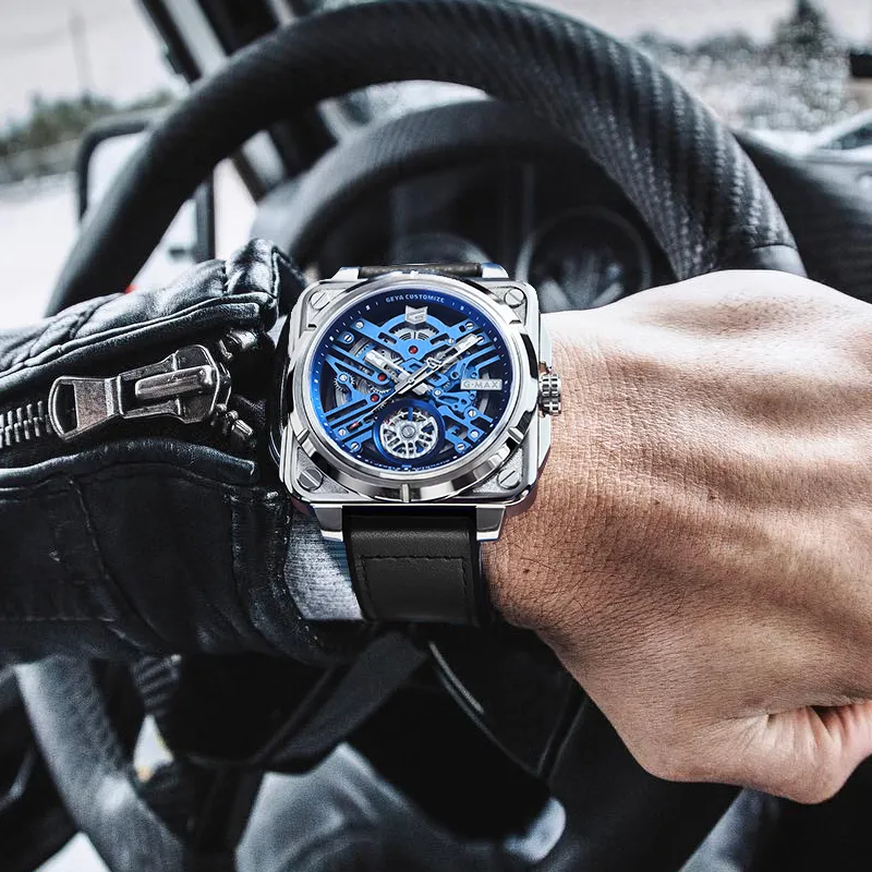 GEYA G MAX Engine Collection Automatic Mechanical Movement Genuine Leather Strap Watch Men's Watches Cut Out Dial-6