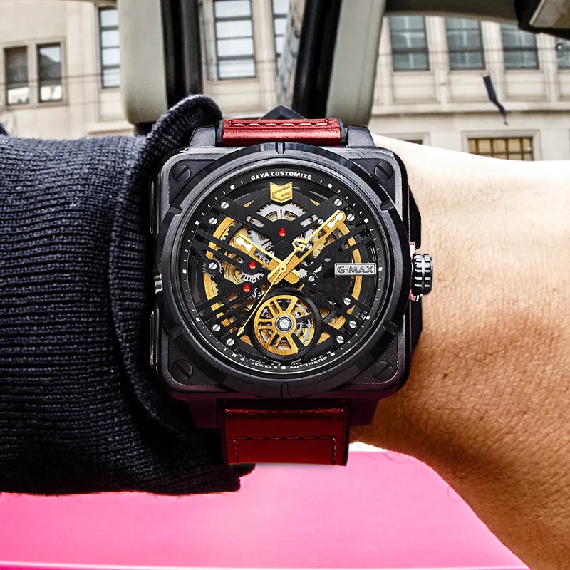 GEYA G MAX Engine Collection Automatic Mechanical Movement Genuine Leather Strap Watch Men's Watches Cut Out Dial-5