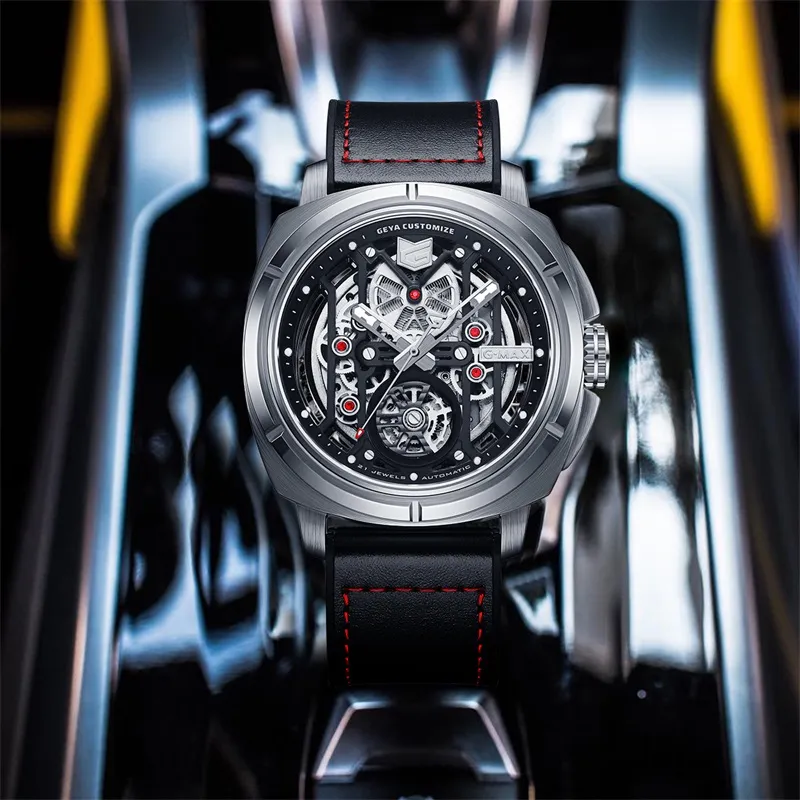 GEYA G MAX Dynamic Racing Collection Mechanical Movement Genuine Leather Strap Watch Men's Watches Cut Out Dial-1
