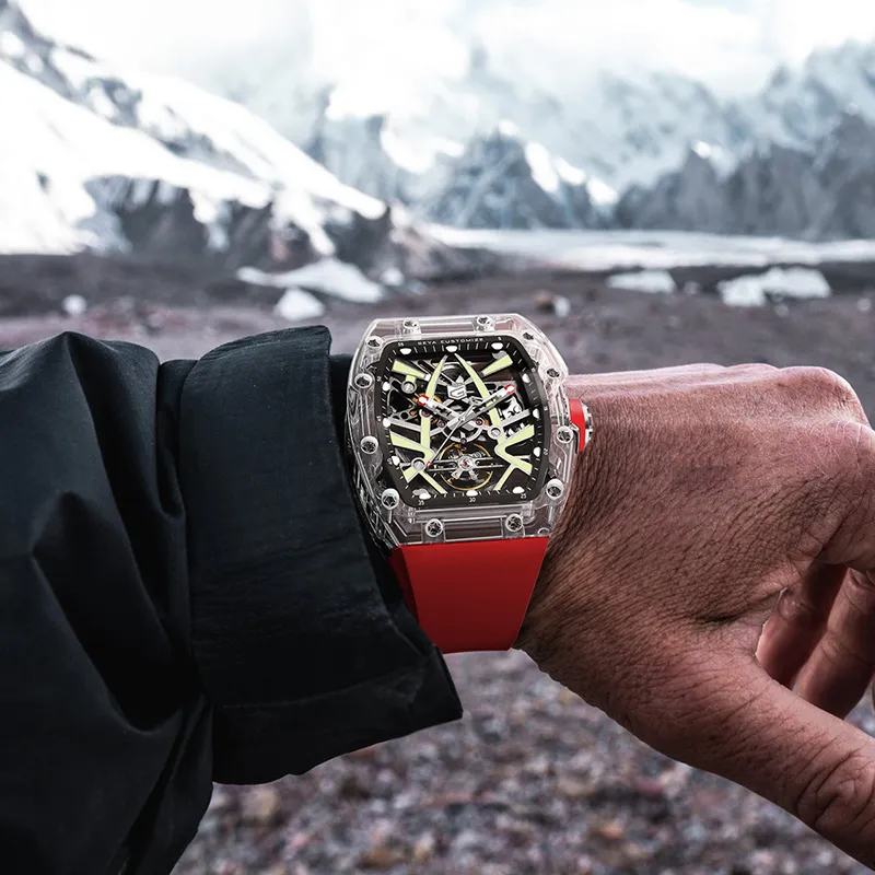 GEYA Mount Everest Glacier Collection Automatic Mechanical Movement Silicone Strap Watch Men's Watches Cut Out Dial-4