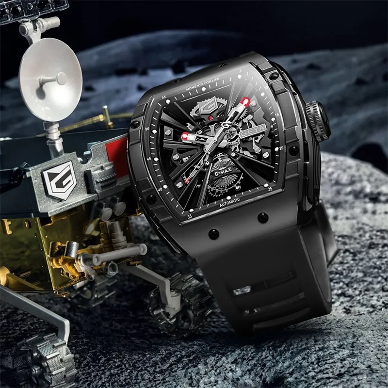 GEYA China Aerospace Co branded Automatic Mechanical Movement Silicone Strap Watch Men's Watches Cut Out Dial-4