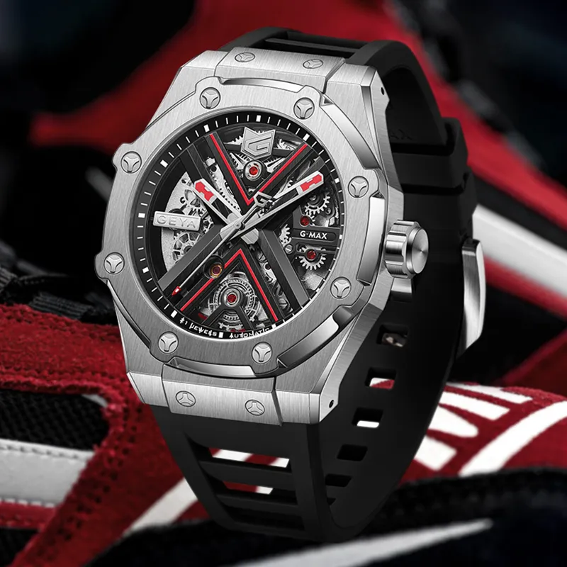 GEYA Engine Collection G MAX Collection Automatic Mechanical Movement Silicone Strap Watch Men's Watches Cut Out Dial-3