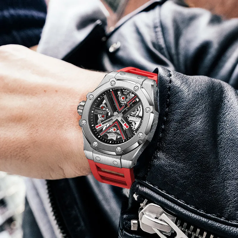 GEYA Engine Collection Automatic Mechanical Movement Silicone Strap Watch Men's Watches Cut Out Dial-4