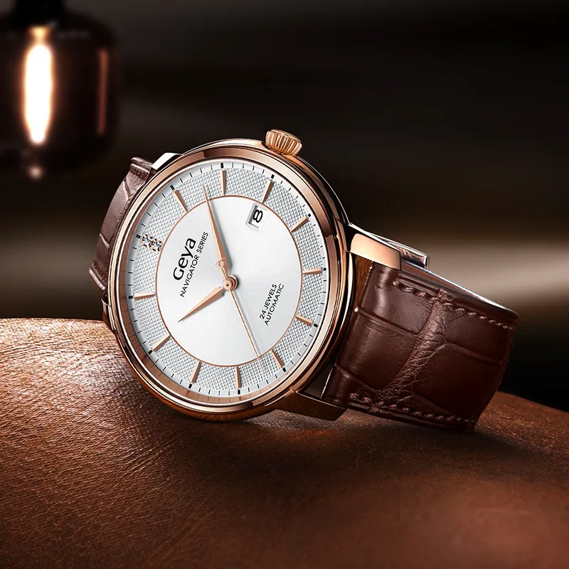GEYA Mechanical Movement Genuine Leather Strap Watch Men's Watches White Dial-3