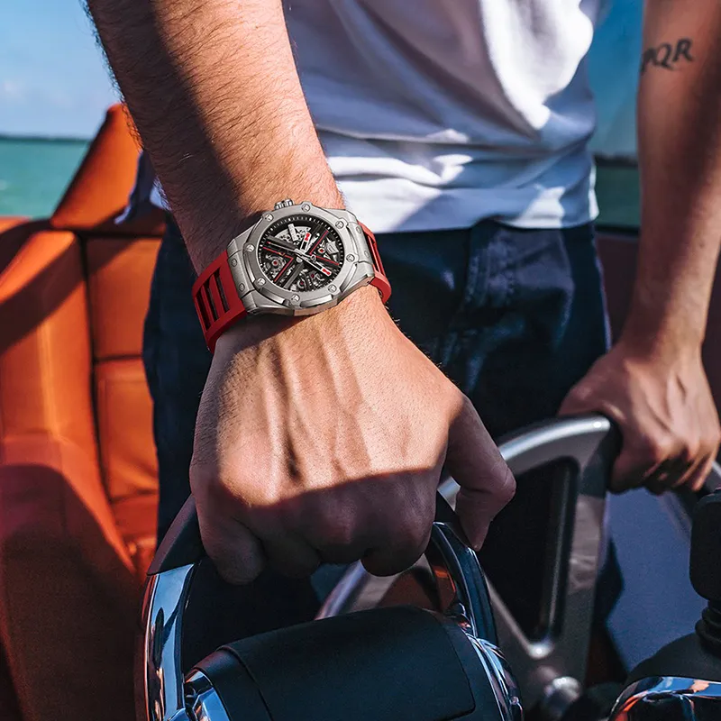 GEYA Engine Collection Automatic Mechanical Movement Silicone Strap Watch Men's Watches Cut Out Dial-2