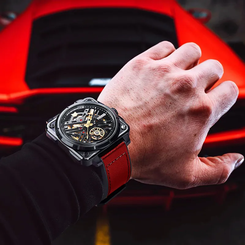 GEYA G MAX Engine Collection Automatic Mechanical Movement Genuine Leather Strap Watch Men's Watches Cut Out Dial-4