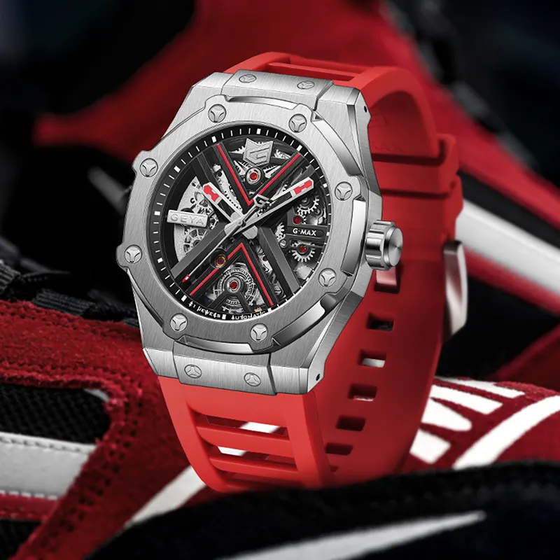 GEYA Engine Collection Automatic Mechanical Movement Silicone Strap Watch Men's Watches Cut Out Dial-3