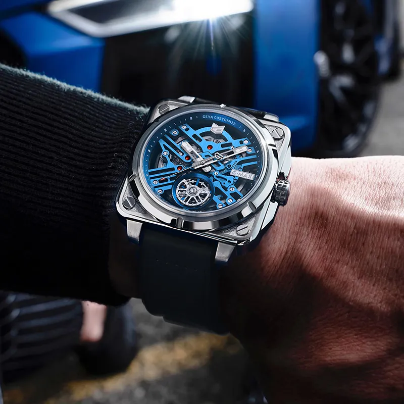 GEYA G MAX Engine Collection Automatic Mechanical Movement Genuine Leather Strap Watch Men's Watches Cut Out Dial-7