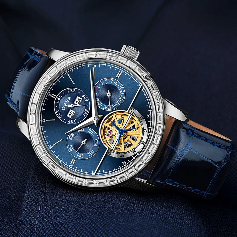 GEYA Conductor Mechanical Movement Cow Leather Strap Watch Men's Watches Blue Dial-2
