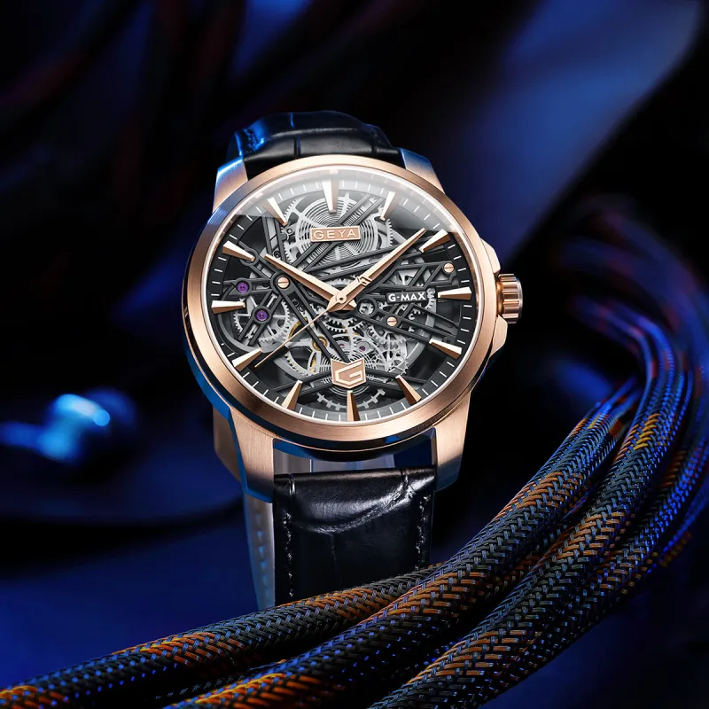 GEYA G MAX Collection Automatic Mechanical Movement Genuine Leather Strap Watch Men's Watches Cut Out Dial-1