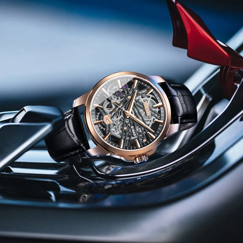 GEYA G MAX Collection Automatic Mechanical Movement Genuine Leather Strap Watch Men's Watches Cut Out Dial-2