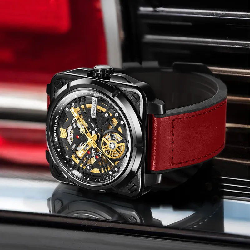 GEYA G MAX Engine Collection Automatic Mechanical Movement Genuine Leather Strap Watch Men's Watches Cut Out Dial-6