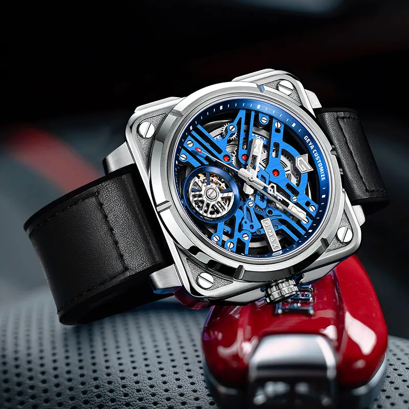 GEYA G MAX Engine Collection Automatic Mechanical Movement Genuine Leather Strap Watch Men's Watches Cut Out Dial-5
