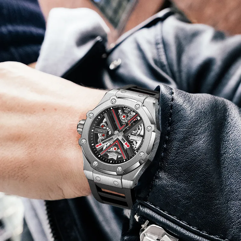 GEYA Engine Collection G MAX Collection Automatic Mechanical Movement Silicone Strap Watch Men's Watches Cut Out Dial-4
