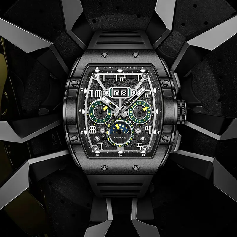 GEYA Automatic Mechanical Movement Silicone Strap Watch Men's Watches Cut Out Dial-4