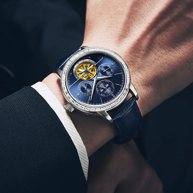 GEYA Conductor Mechanical Movement Cow Leather Strap Watch Men's Watches Blue Dial-4