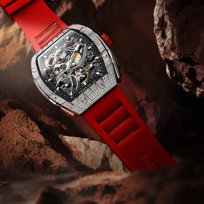 GEYA Great Wall Collection Automatic Mechanical Movement Silicone Strap Watch Unisex Cut Out Dial-4