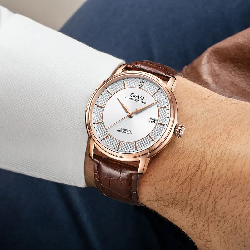 GEYA Mechanical Movement Genuine Leather Strap Watch Men's Watches White Dial-2