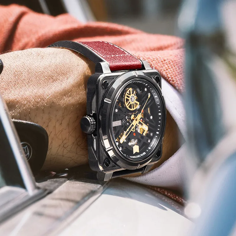 GEYA G MAX Engine Collection Automatic Mechanical Movement Genuine Leather Strap Watch Men's Watches Cut Out Dial-3