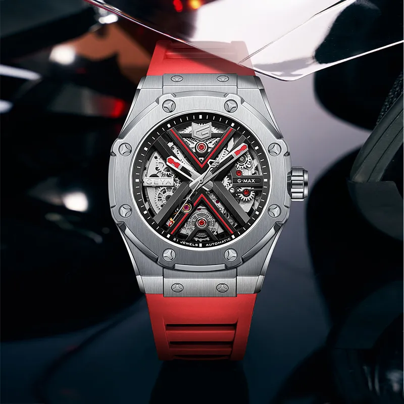 GEYA Engine Collection Automatic Mechanical Movement Silicone Strap Watch Men's Watches Cut Out Dial-1