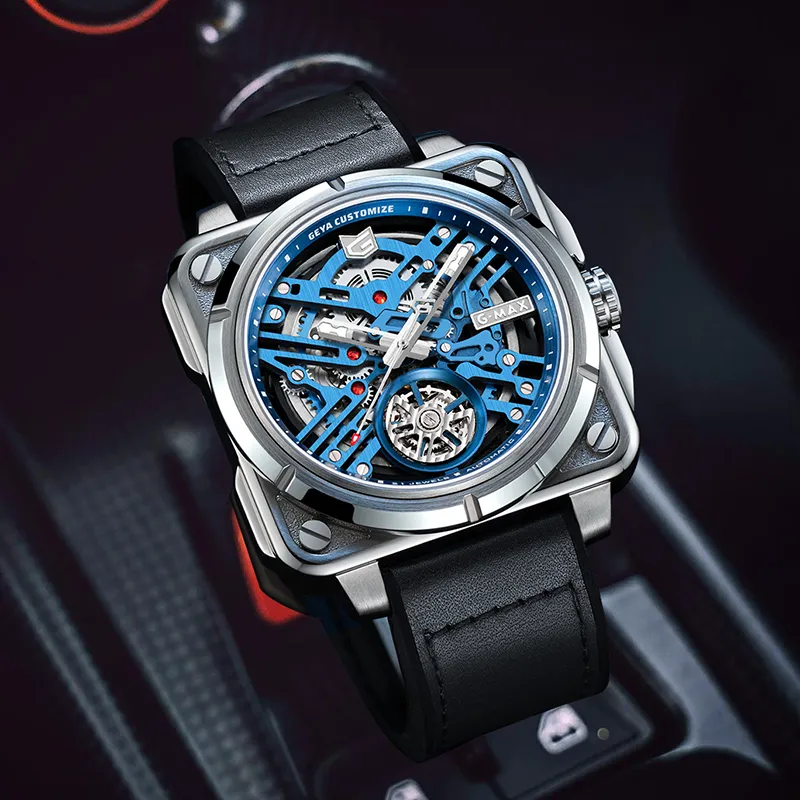GEYA G MAX Engine Collection Automatic Mechanical Movement Genuine Leather Strap Watch Men's Watches Cut Out Dial-4