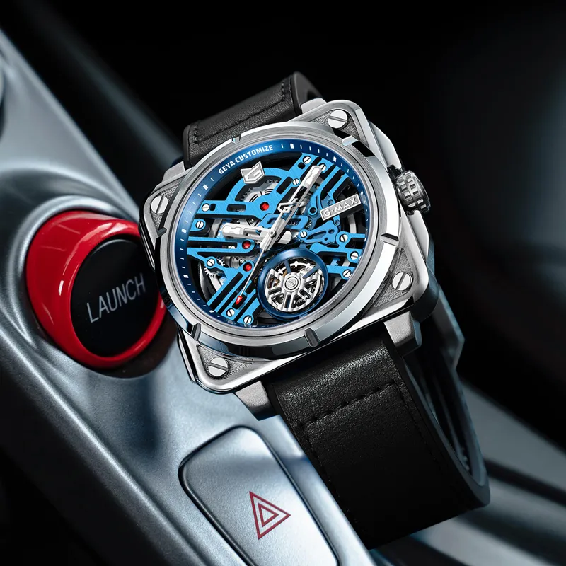 GEYA G MAX Engine Collection Automatic Mechanical Movement Genuine Leather Strap Watch Men's Watches Cut Out Dial-2