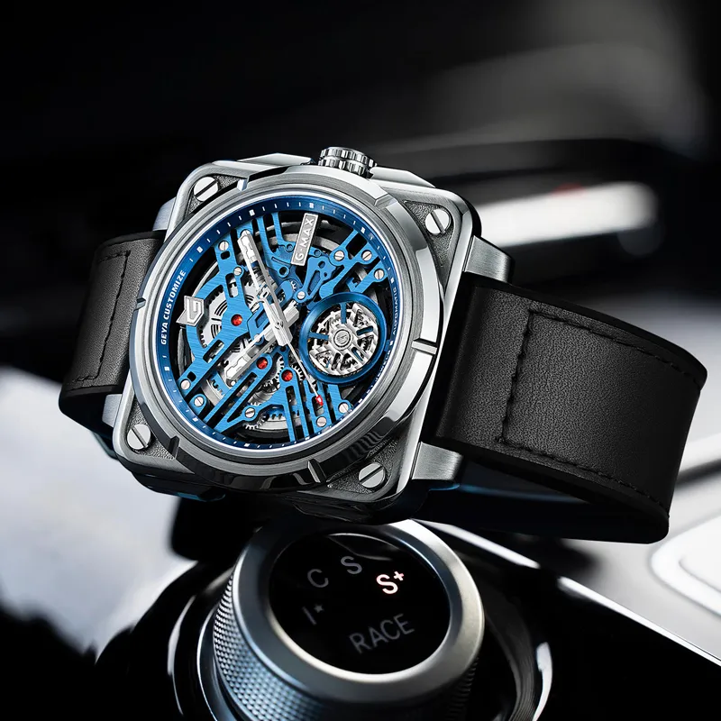 GEYA G MAX Engine Collection Automatic Mechanical Movement Genuine Leather Strap Watch Men's Watches Cut Out Dial-3