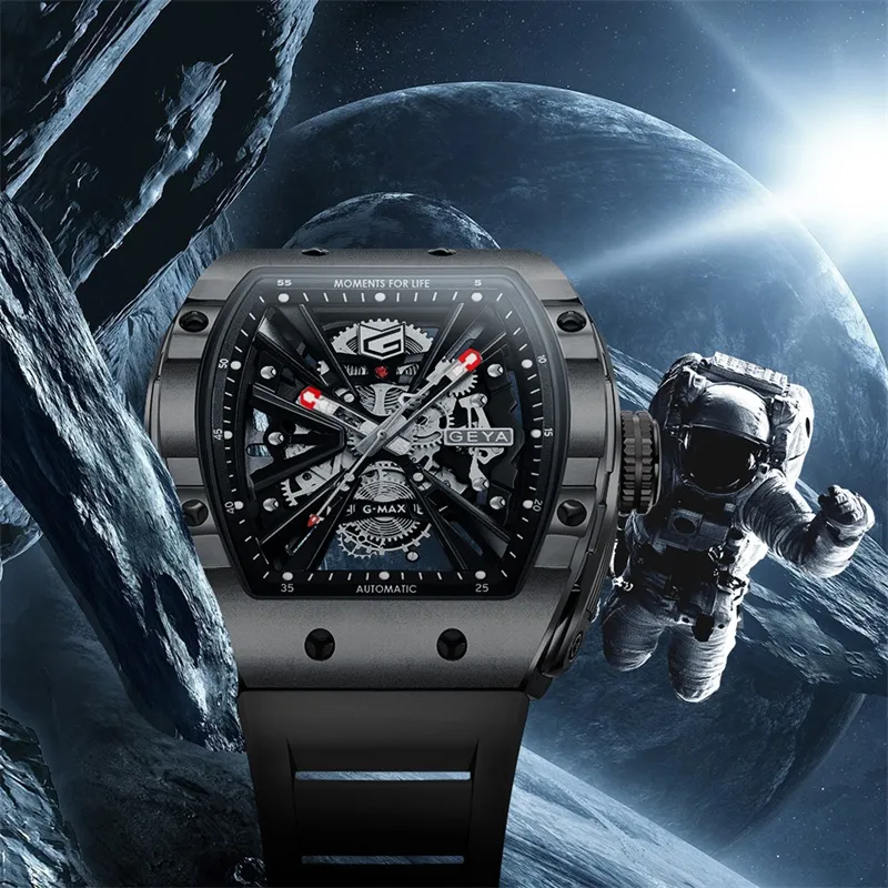 GEYA China Aerospace Co branded Automatic Mechanical Movement Silicone Strap Watch Men's Watches Cut Out Dial-6