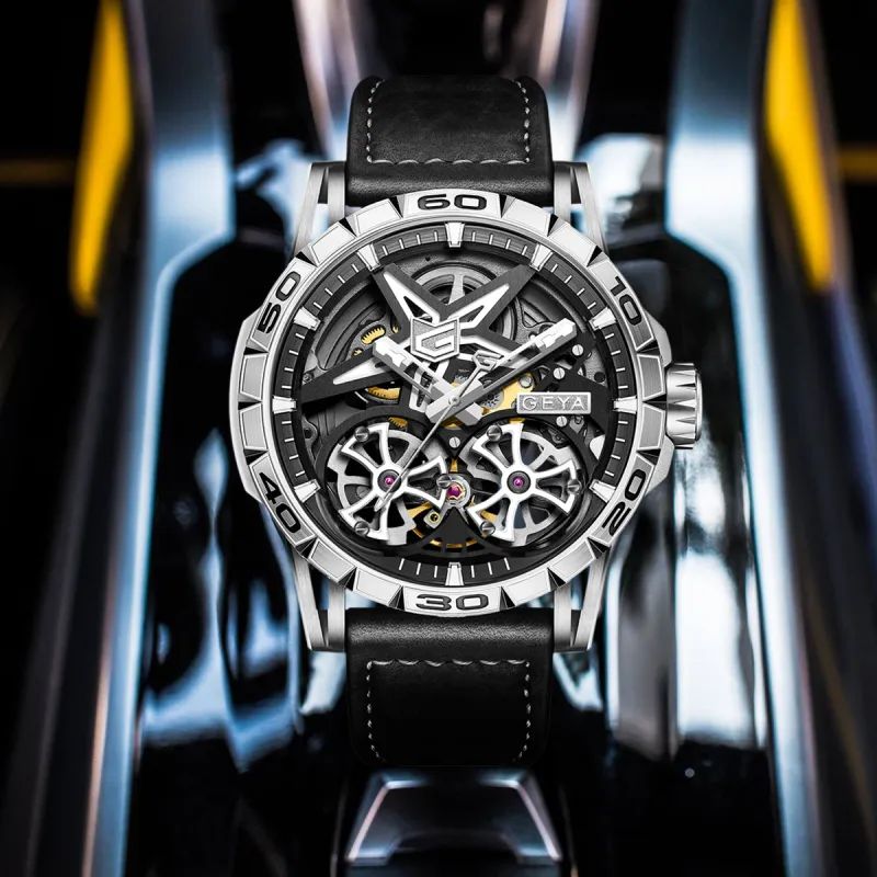 GEYA G MAX Collection Automatic Mechanical Movement Leather Strap Watch Men's Watches Cut Out Dial-1
