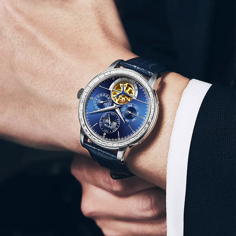 GEYA Conductor Mechanical Movement Cow Leather Strap Watch Men's Watches Blue Dial-5