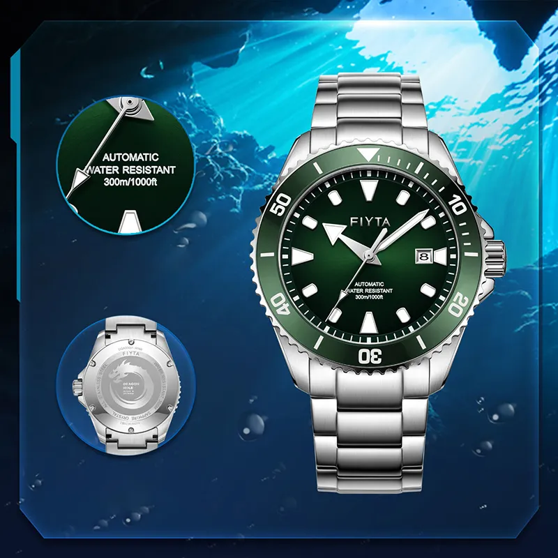 Fiyta Ocean Express Automatic Mechanical Movement Stainless Steel Strap Watch Men's Watches Green Dial-2