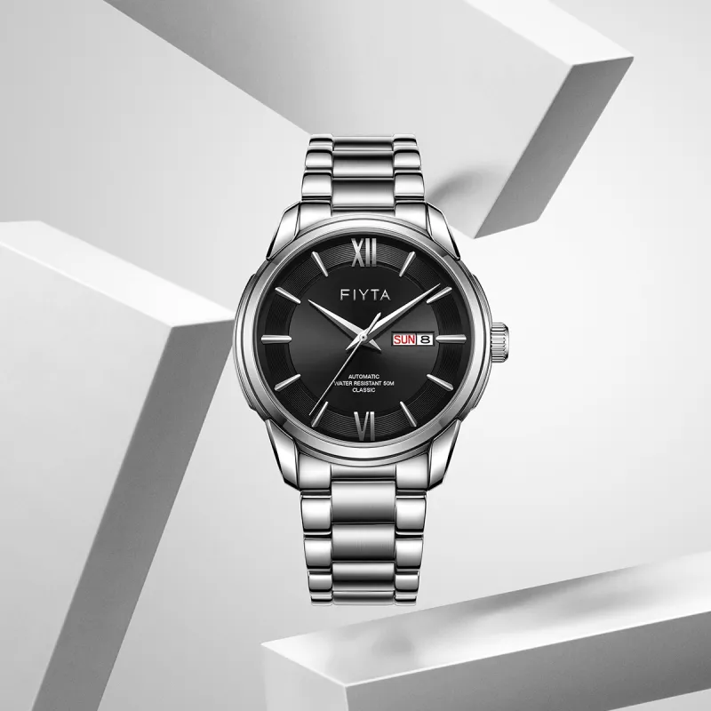 Fiyta Classic Collection Automatic Mechanical Movement Stainless Steel Strap Watch Men's Watches Black Dial-4