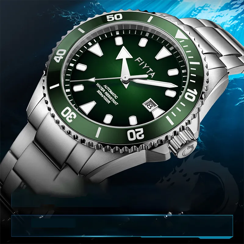Fiyta Ocean Express Automatic Mechanical Movement Stainless Steel Strap Watch Men's Watches Green Dial-3