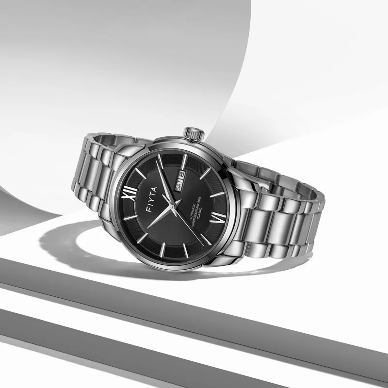 Fiyta Classic Collection Automatic Mechanical Movement Stainless Steel Strap Watch Men's Watches Black Dial-3